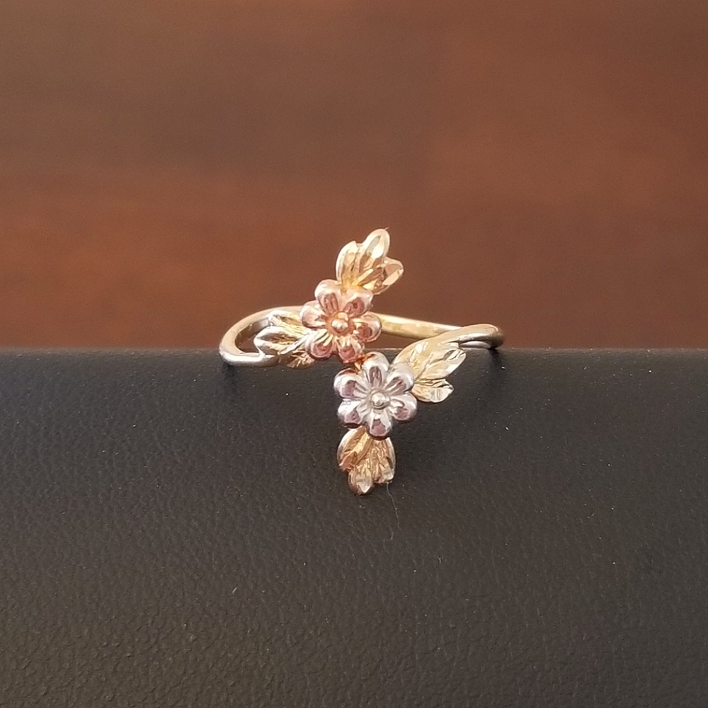 10K Gold Floral Tri Color Bypass Ring - Picture 2 of 12
